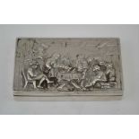 A CONTINENTAL WHITE METAL SNUFF BOX, the hinged cover embossed with a Tavern scene, 8cm x 5cm,