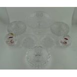 A PAIR OF HEAVY CUT GLASS ASHTRAYS, a "Stuart" crystal tazza, 17.5cm diameter, a cut glass