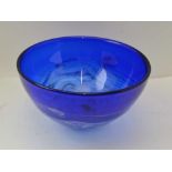 JAMES MASKREY AN ART GLASS COBALT BLUE BOWL, with white swirls in the base, engraved signature and