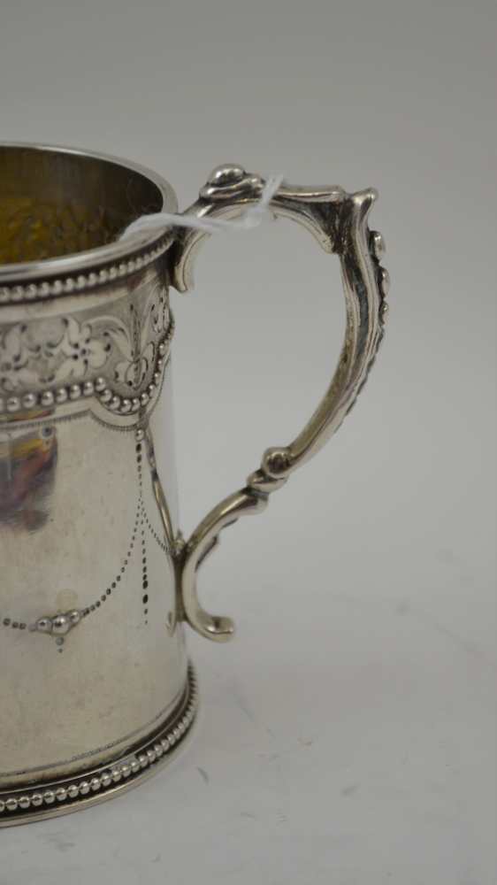 WILLIAM EVANS A SILVER CHRISTENING MUG of tapering form, decoratively banded, beaded swags, - Image 2 of 4