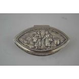 A DUTCH WHITE METAL SNUFF BOX, of elliptical form, the hinged cover embossed with peasant figures,