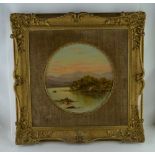 19TH CENTURY BRITISH SCHOOL "Mountain and Lakescape" (with a row boat) oil painting on board, 24cm