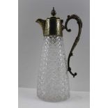 VICTORIAN CLARET JUG with diamond cut conical body and hinged lid, lip mount, having fruiting vine