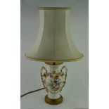 A TABLE LAMP FASHIONED FROM A VICTORIAN CERAMIC VASE, hand-painted with floral decoration, height;