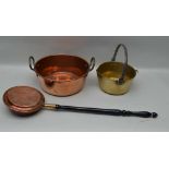 A COPPER TWO-HANDLED JAM PAN, a brass pan with iron swing handle and a 19th century copper warming