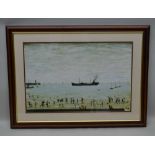 AFTER L.S. LOWRY "Steamship off the Beach", colour print 45cm x 68cm, stained wood frame,