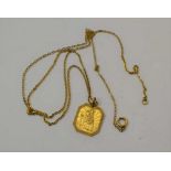 A 9CT GOLD ST. CHRISTOPHER PENDANT, of canted tablet form, suspended on a gold chain, total