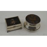 TWO EARLY 20TH CENTURY SILVER & TORTOISESHELL TABLE BOXES, the round one with plain removable lid,