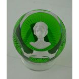 A BACCARAT FACET GLASS PAPERWEIGHT, green base inset sulphide portrait of HRH Princess Anne, base