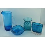 FOUR PIECES OF COBALT BLUE GLASS, to include; an iced water jug, a small cube vase, possibly