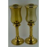 A PAIR OF "MEGALINE" DANISH BRASS STORM LANTERNS, of sprung candle design, with amber shades, 38cm