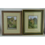 ANGELA BENTLEY TWO NEEDLEWORK PICTURES, cottages with flowers, 16cm x 11cm, both framed, mounted and
