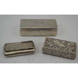 A LATE 19TH CENTURY SILVER SNUFF BOX, embossed decoration gilded interior, 6.5cm x 3.5cm, together