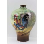 A ROYAL BONN CERAMIC VASE of baluster form, hand painted cockerel, hen and chicks in a farmyard,