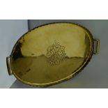 HUGH WALLIS (1871-1943) AN ARTS & CRAFTS DESIGN OVAL BRASS GALLERY TRAY, fitted handles, embossed