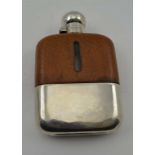 JAMES DIXON & SONS A SILVER MOUNTED SPIRIT FLASK, with leather cover, having bayonet twist cap and