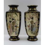 A PAIR OF JAPANESE MEIJI PERIOD SATSUMA CERAMIC VASES of tapering squared form, with circular neck