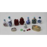 EIGHT VARIOUS CHINESE SNUFF BOTTLES, tallest 9cm and two plated snuff boxes