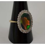 A BLACK OPAL RING, the central oval opal framed by twenty six diamonds, set in platinum on an 18ct