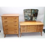 A MID TO LATE 20TH CENTURY MIRROR BACK DRESSING TABLE & CHEST OF FIVE DRAWERS