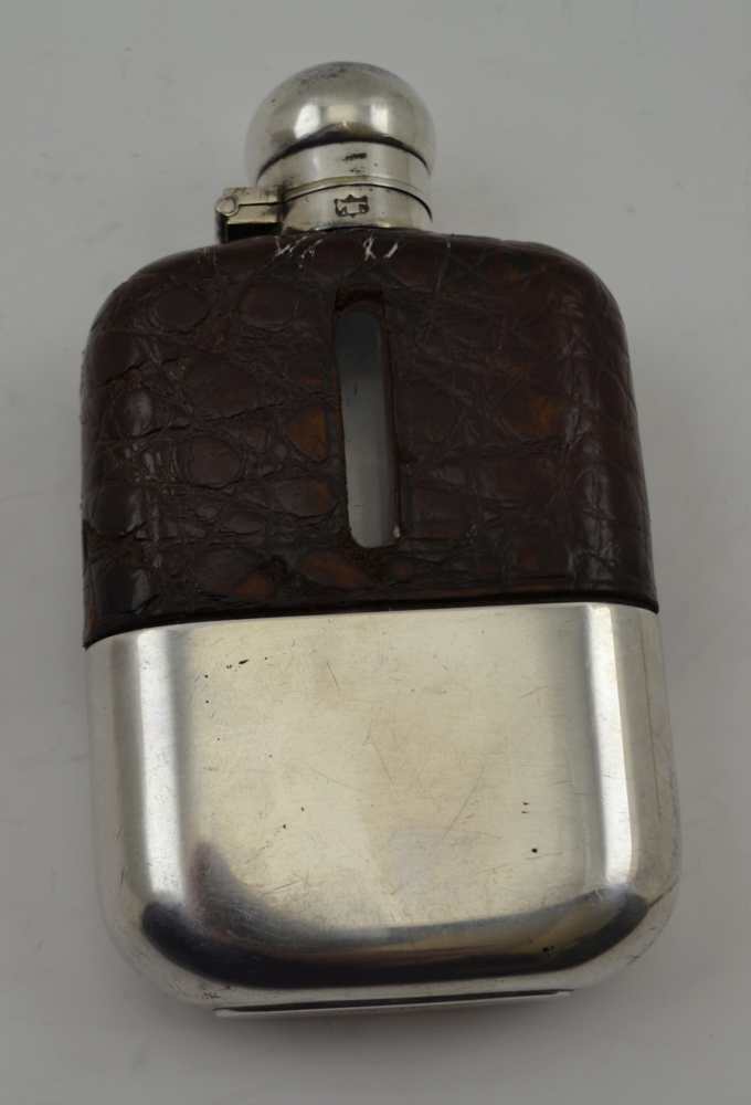 JAMES DIXON & SONS A SILVER PLATED & CROCODILE POCKET FLASK, having bayonet twist cap and