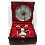 A "ROYAL SELANGOR" PEWTER COFFEE SET in wooden presentation case, comprising; tray, coffee pot, milk