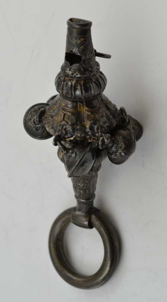 WILLIAM ADAMS LTD A SILVER CHILD'S RATTLE, having embossed elephant head decoration, with mother - Image 4 of 5