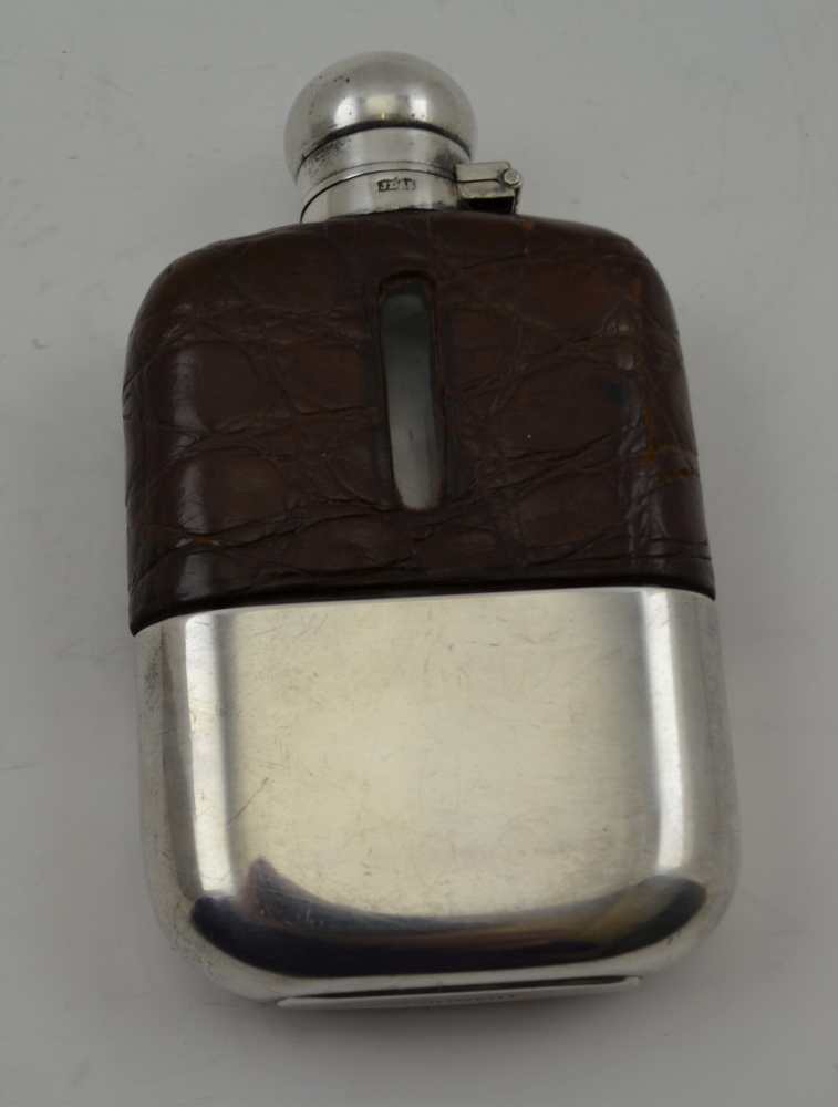 JAMES DIXON & SONS A SILVER PLATED & CROCODILE POCKET FLASK, having bayonet twist cap and - Image 2 of 4