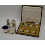 ELKINGTON & CO A THREE PIECE SILVER CONDIMENT SET, in the Art Deco style, comprising salt, mustard