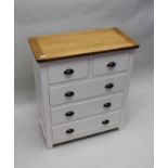 AN OAK TOP CHEST OF TWO SHORT OVER THREE LONG DRAWERS, cream painted with metal cup handles, 80cm