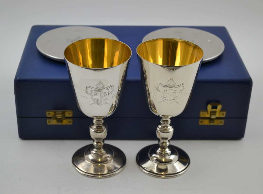 SALLOWAYS LTD A CASED PAIR OF SILVER GOBLETS AND SILVER COASTERS, "The Lichfield Goblets", - Image 3 of 5