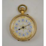 A VICTORIAN 18K GOLD CASED LADY'S FOB WATCH, chased decoration, white enamel dial with gilded