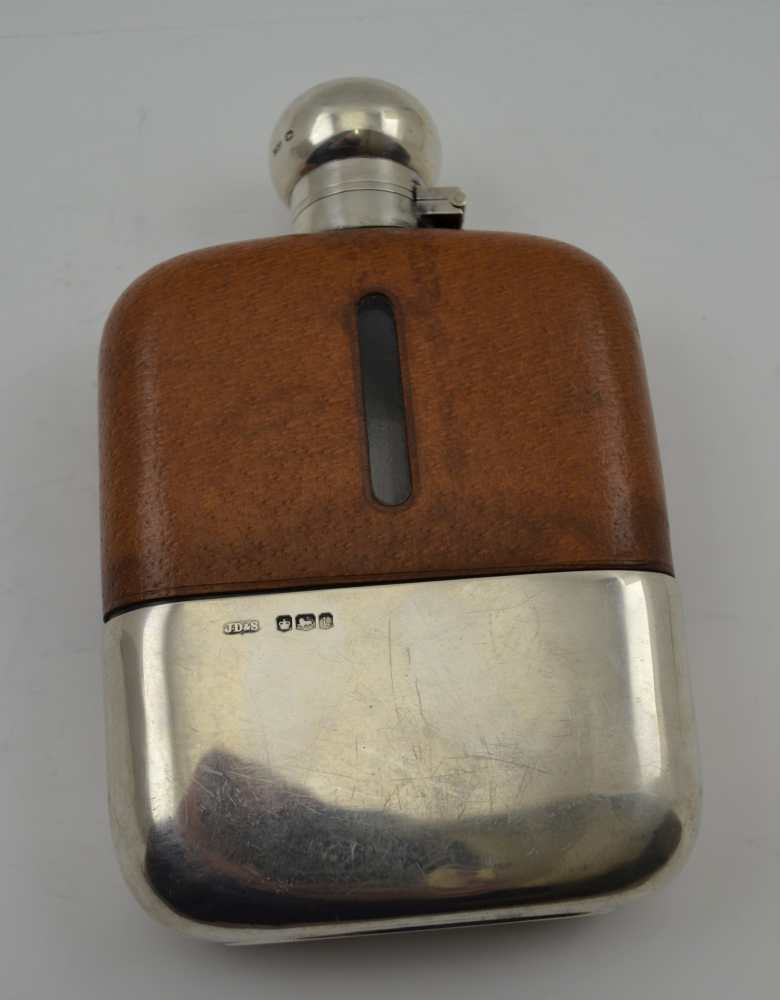 JAMES DIXON & SONS A SILVER MOUNTED SPIRIT FLASK, with leather cover, having bayonet twist cap and - Image 2 of 4