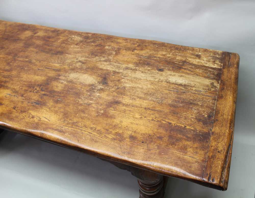 A 17TH CENTURY DESIGN OAK REFECTORY TABLE, having plank top on ring turned supports, with lunette - Image 3 of 5