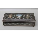 A 19TH CENTURY INDIAN IVORY BONE & EBONY INLAID SANDALWOOD CASKET, the lid inset with three