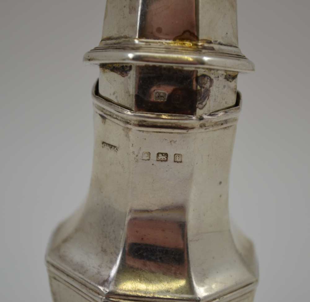 CHARLES WESTWOOD & SONS A GEORGIAN DESIGN SILVER CASTER, of octagonal baluster form, 11cm high, - Image 2 of 2