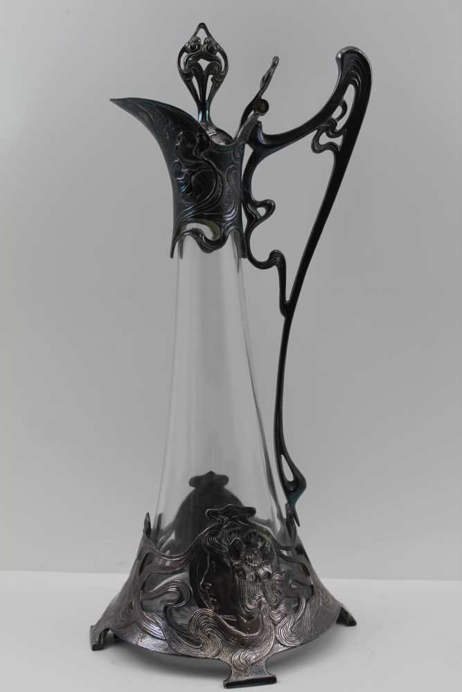 AN ART NOUVEAU DESIGN CLARET JUG, having cast metal decorative mounts in the WMF jugendstil form, - Image 2 of 5