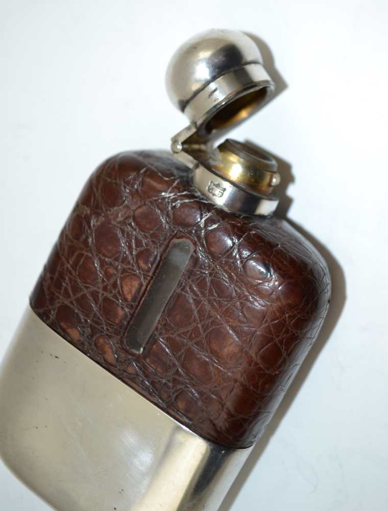 JAMES DIXON & SONS A SILVER PLATED & CROCODILE POCKET FLASK, having bayonet twist cap and - Image 3 of 4