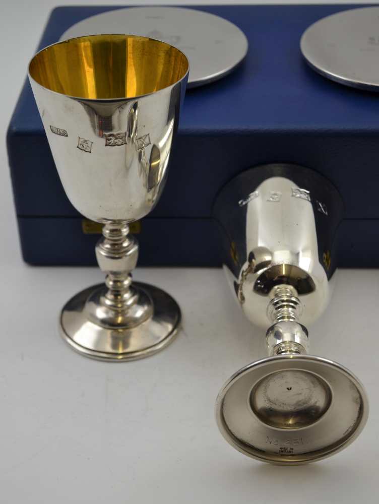 SALLOWAYS LTD A CASED PAIR OF SILVER GOBLETS AND SILVER COASTERS, "The Lichfield Goblets", - Image 4 of 5