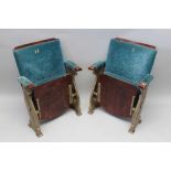 TWO EARLY TO MID 20TH CENTURY FLIP-UP CINEMA SEATS, having gilded cast metal and stained wood