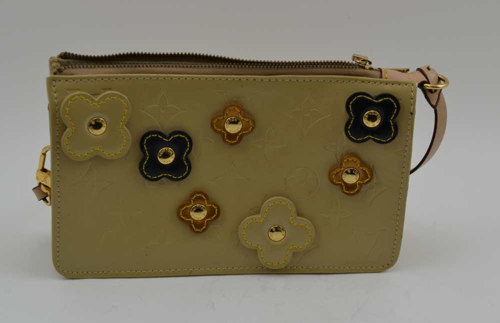 A LOUIS VUITTON SMALL CLUTCH BAG, pochette monogrammed patent cream vernis leather, applied coloured - Image 2 of 4