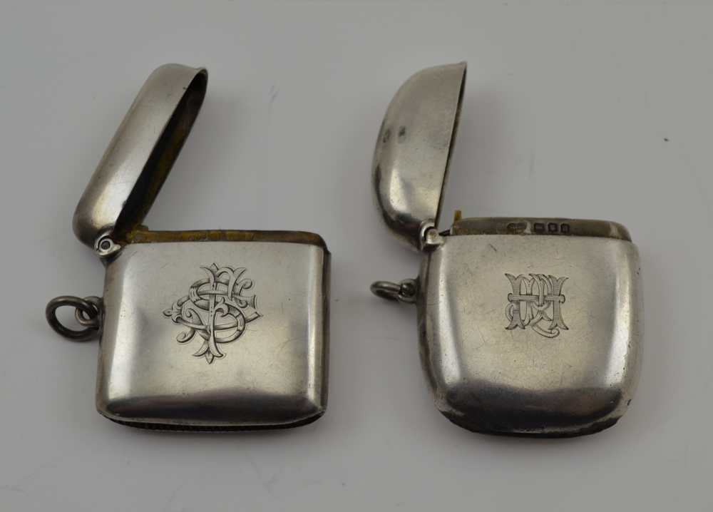 TWO PLAIN SILVER VESTAS, both monogrammed, one London 1896, the other Birmingham 1903, both with - Image 3 of 4