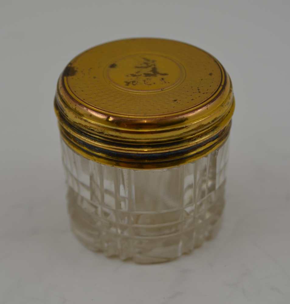 THOMAS DILLER THREE CUT GLASS APPOINTMENTS WITH SILVER GILT LIDS, a toilet water bottle, a rouge jar - Image 3 of 7