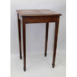 AN EDWARDIAN OAK HALL TABLE, on squared supports, 50cm x 40cm