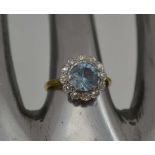 AN 18CT GOLD & PLATINUM LADY'S DRESS RING, the central aquamarine framed by twelve diamonds, ring