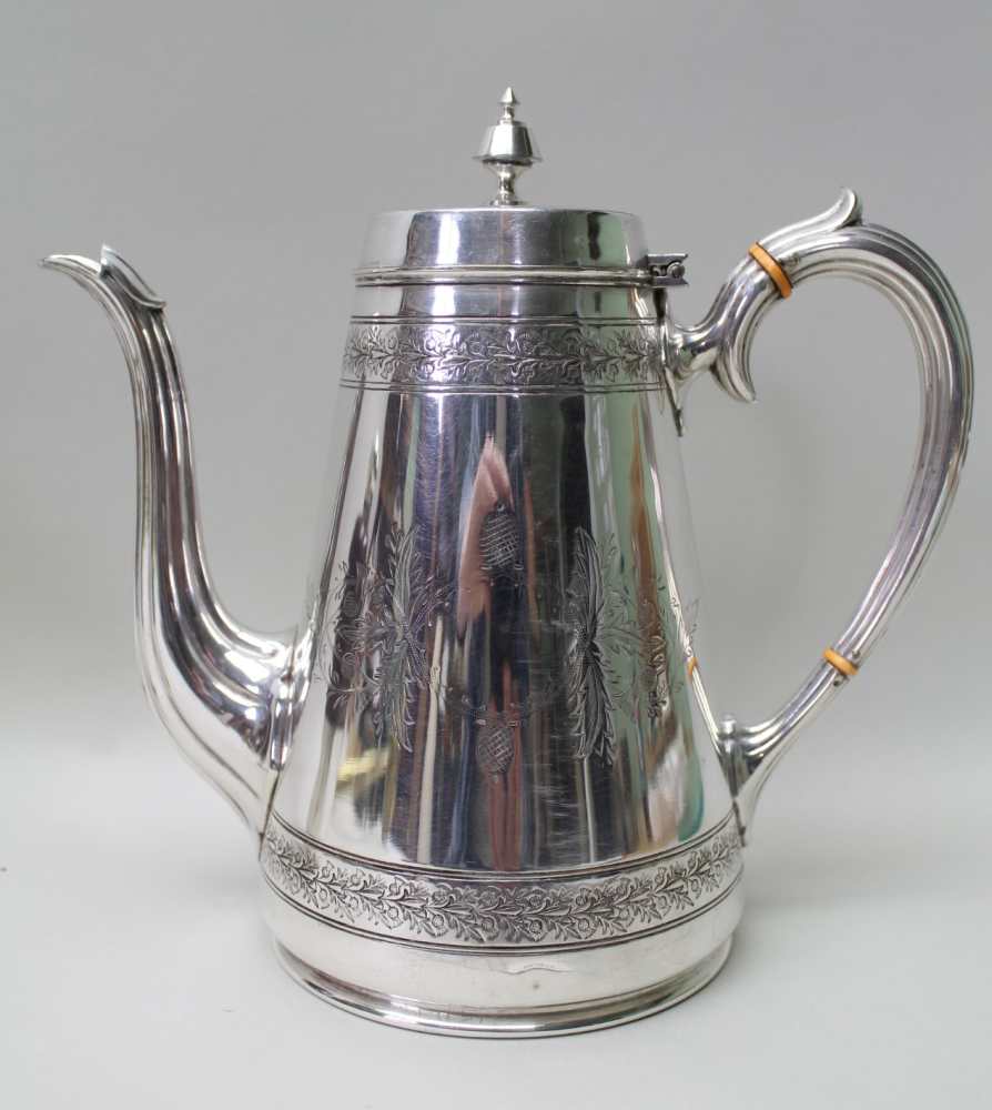 A VICTORIAN SILVER-PLATED COFFEE POT by Cook & Kelvey, c.1875, with engraved decoration