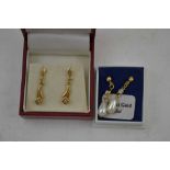 TWO PAIRS OF 9CT GOLD DROP FORM EARRINGS, one pair diamond set, the other pearl effect droppers (2)