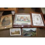 A SELECTION OF DECORATIVE PICTURES & PRINTS to include cricketing, together with an oil on board