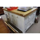 A SUBSTANTIAL WOODEN KITCHEN ISLAND with painted base having numerous configuration of drawers &