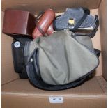 A BOX CONTAINING A SELECTION OF CAMERAS & ACCESSORIES, various